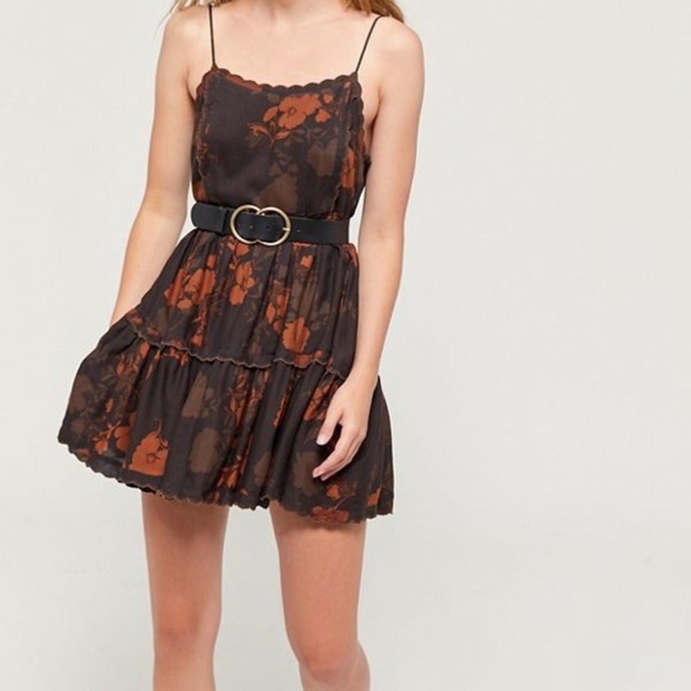 UO Hanna Rayon Scallop Babydoll Dress Black Multi